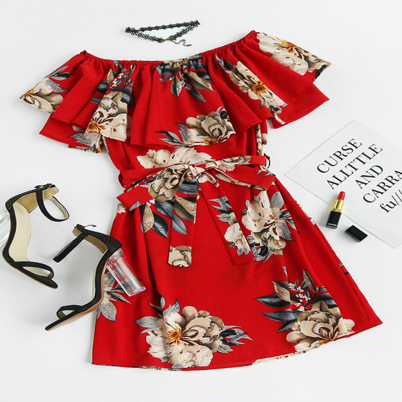Dresses & Skirts - Red Floral Print A Layered A Line Dress with Belt